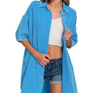 Zenana Deep Sky Blue Acid-Washed Double Gauze Button Down Pockets Shirt Dress‎